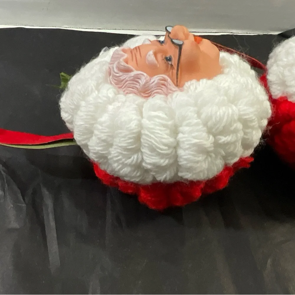 Vintage Set of 2 Handmade Santa and Mrs Claus Yarn Ornaments with Plastic Faces